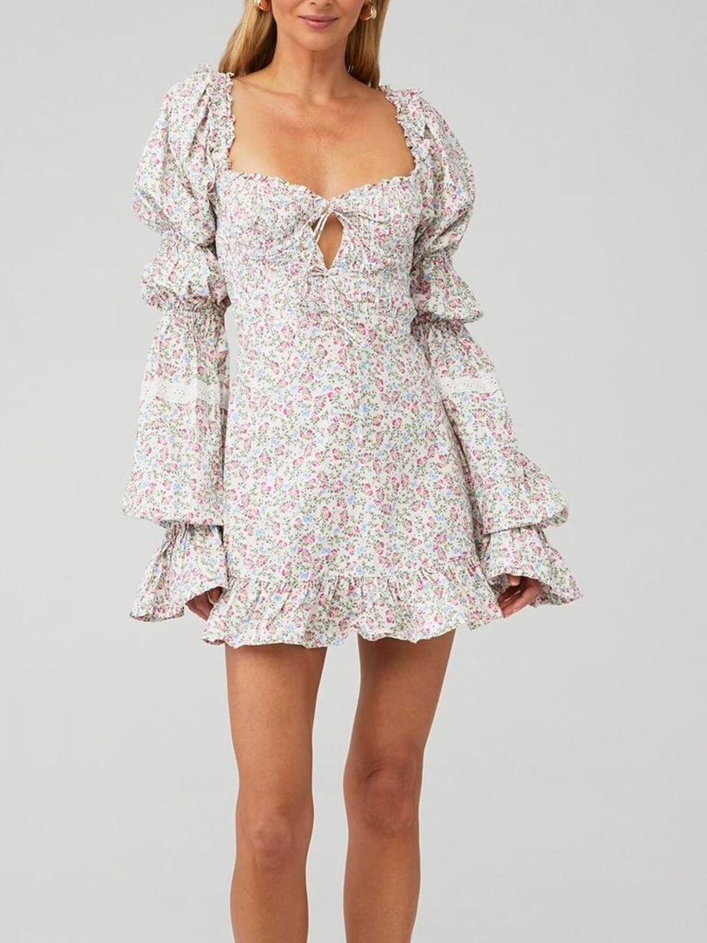 For Love & Lemons White Floral Long-Sleeve Smocked Mini Dress